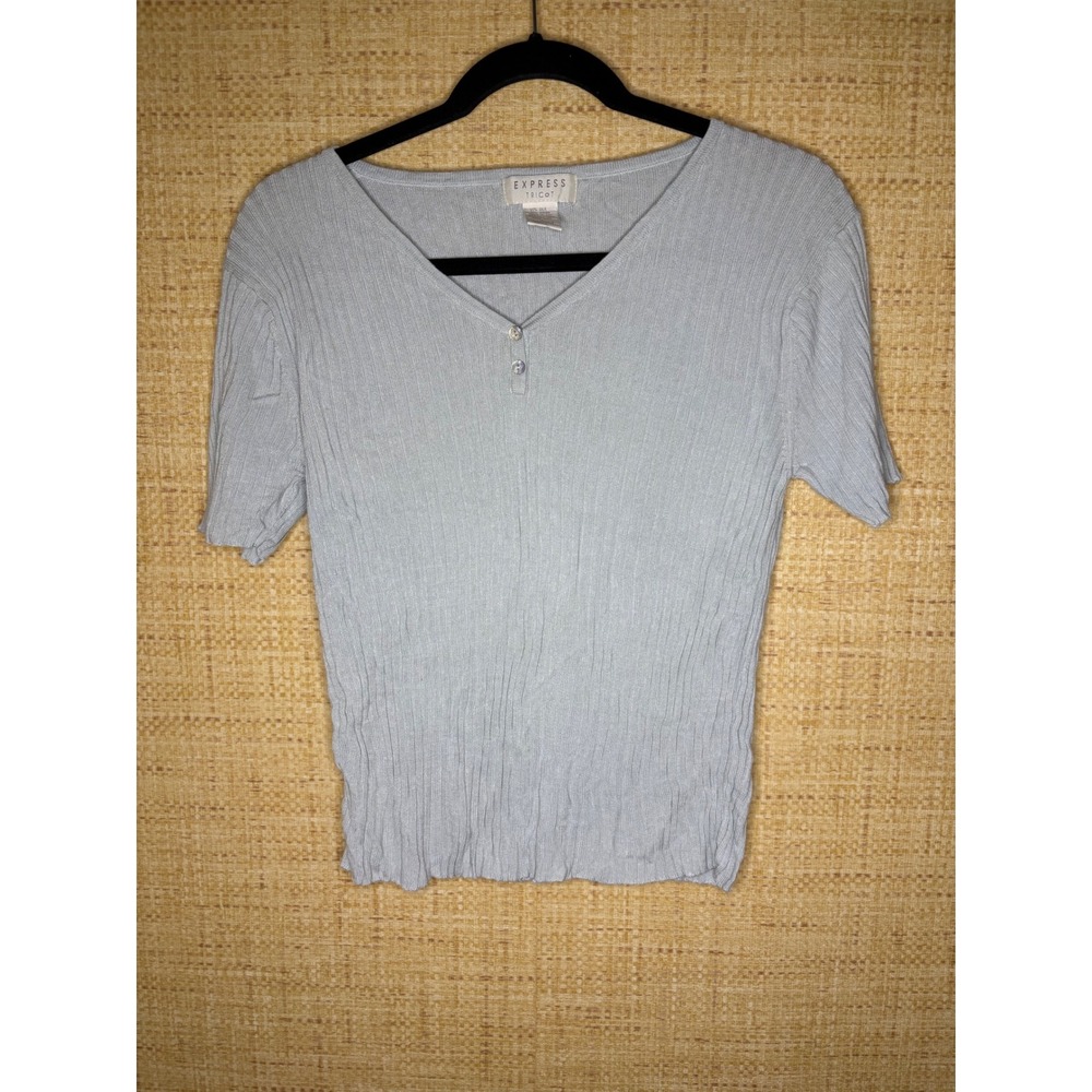 Express Tricot Silk Blend Ribbed Knit Henley Top Light Blue V-Neck Sz L